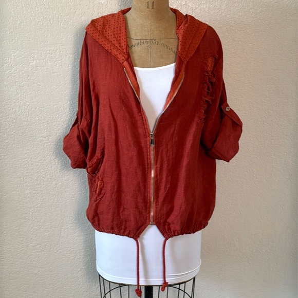 I Love Linen Jackets & Blazers - I love Linen OS Rust Jacket‎ Zip Up Hood Eyelet Detail Distressed NWT